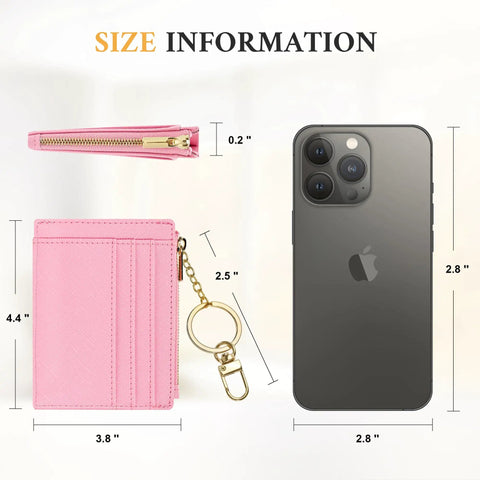 Size comparison of Slim RFID Blocking Wallet For Women with Front Pocket Card Case, 6 Card Slots, in Chic Pink and smartphone.