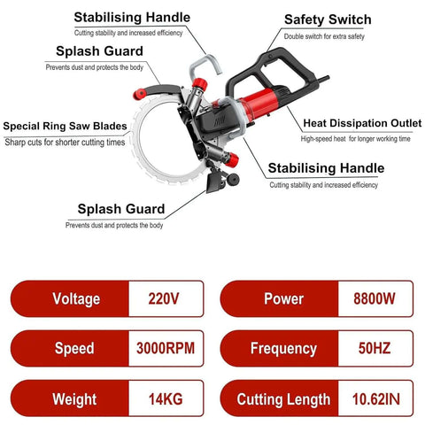 Portable Electric Circular Saw With Brushless Motor For Concrete And Stone Wall Grooving Dust Free Setup Includes Water Pump Kit 27 Cm Cutting Depth Titanium Blade For Smooth Chops Heavy Duty Work On Any Job Site with special ring saw blades and safety features.