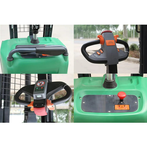 Top Tier Electric Pallet Jack With Massive 3,300 Lbs Capacity And 9.8 Foot Lift Height control panel and handle details.