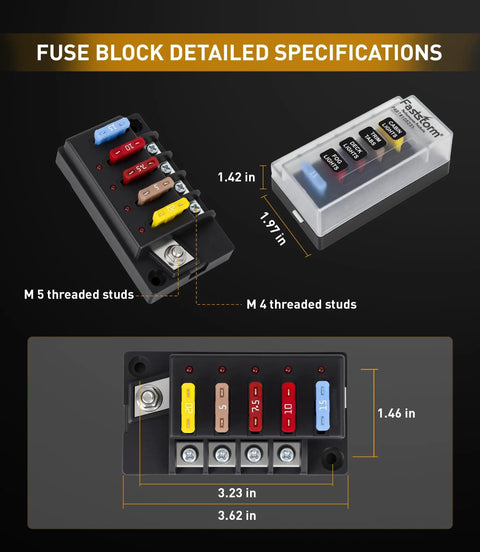 Waterproof 4 Circuit Fuse Panel, Ato Blade Fuse Block with detailed specs, dimensions for boat and truck applications.