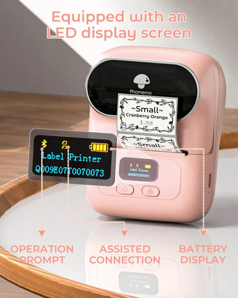 No Sweat Portable Thermal Label Printer With Crisp Built In Display And Smartphone App Hookup For Home And Small Business Quick Print Name Tags Price Stickers Cable Wraps Jewelry Cards Up To Fifty Millimeters Wide showing LED screen and printed label.