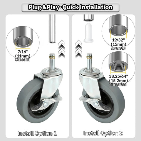 Four 4-inch stem caster wheels with gray rubber tires for carts; shows two install options: smooth 7/16 and threaded stems