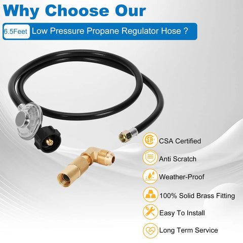 6.5 Ft Propane Regulator And Hose With 90 Degree Elbow Adapter For 17 And 22 Inch Tabletop Griddles displayed with features list