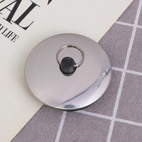 Rubber Bathtub Stopper 2pcs for Bathroom and Laundry Drain Use, round metallic bathtub plug with black rubber seal.