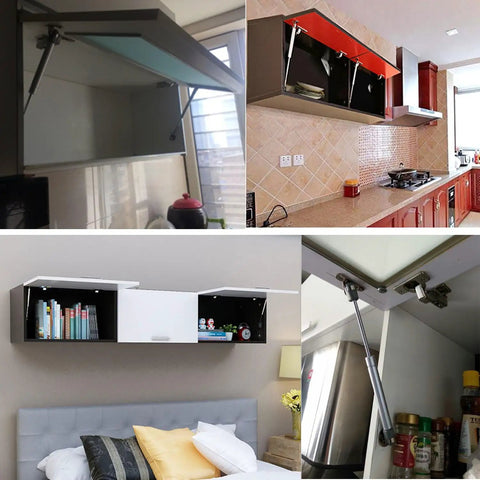 Heavy Duty Gas Struts For Cabinets 4 Pack Soft Close Lid Lift Supports With Brackets And Screws 80N And 150N Options in kitchen and bedroom cabinets.