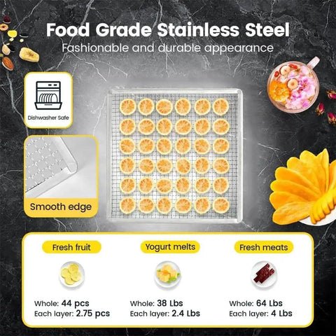 Heavy Hitter Commercial Food Dehydrator With 16 Stainless Steel Trays And 1500 Watts showcasing dried fruits on a smooth stainless steel tray.