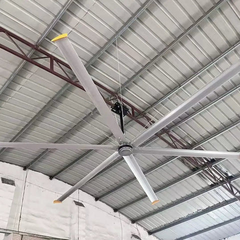 287 Inch Industrial Ceiling Fan Heavy Duty Workhorse With 6 Aluminum Blades Permanent Magnet Direct Drive Motor Variable Speed mounted in a large industrial space.
