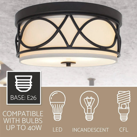 Super Sleek Modern 13 Inch Two Light Flush Mount Ceiling Light With Metal Drum Shade And Cream Inner Shade