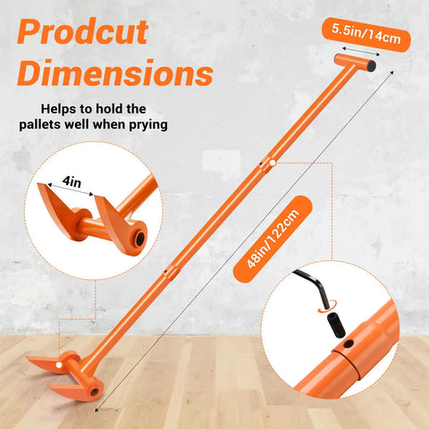 Beefy 48 Inch Decking Pry Bar And Pallet Buster With 110 Degree Head Heavy Duty Carbon Steel Demolition Tool For Deck Boards Pallets And Standing Hardwood Pry Lift And Demolish With Less Back And Knee Strain Orange, 48in dimensions