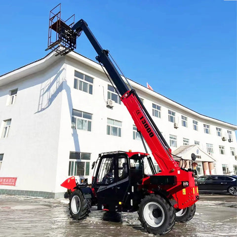 Industrial Telehandler Forklift 3 To 5 Ton Capacity 14M To 17M Telescopic Boom Loader lifting a platform in front of a building.
