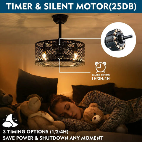 Dope Caged Ceiling Fan With Lights Remote Control featuring timer, silent motor, industrial enclosed blades, living room use