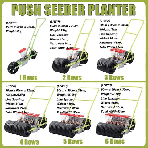 Various sizes of hand push seed planters ranging from 1 to 6 rows, showing dimensions and line spacing, ideal for terraced gardens.