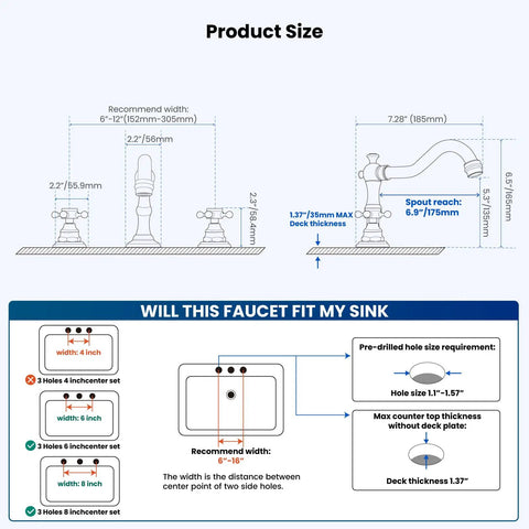 Product size diagram for 3 Hole Widespread Bathroom Faucet With Double Cross Handles, Deck Mount Mixer Tap, Brushed Nickel Finish.