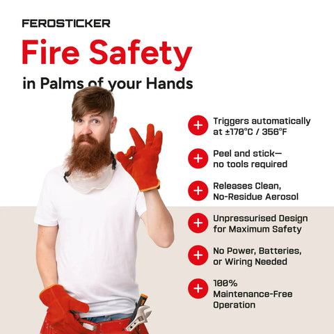 Keep Your Place Secure With Automatic Fire Extinguisher Two Pack Boasting Hella Fast Thermal Activation And Totally Wire Free Aerosol Fire Suppression Unit That Just Works, man in gloves demonstrating fire safety.