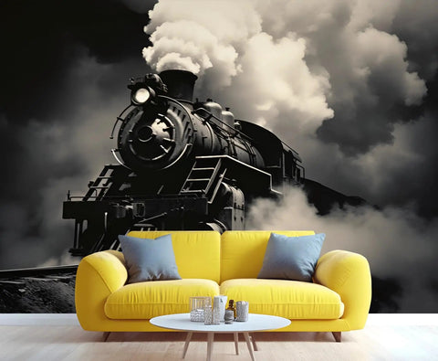 Massive Vintage Steam Train Mural For Living Room Or Bedroom Wall Decor, Retro Locomotive Wallpaper On Thick Silk Cloth, Lounge Setup