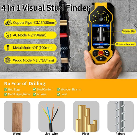 Heavy Duty 4 In 1 Stud Finder Wall Scanner With Digital Hd Screen, showing modes for wood, metal, live AC wires inside drywall.