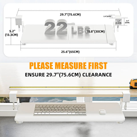 Illustration showing dimensions of Under Desk Keyboard Tray With Pull Out Slide And C Clamp Mount, with measuring tape guide.