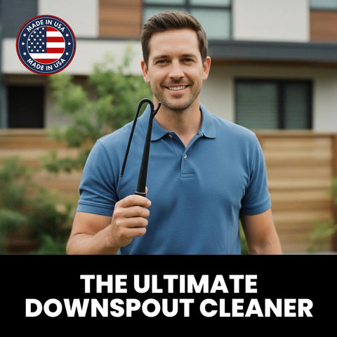 Man holding Gutter Cleaning Tool Attachment No Ladder Needed That Unclogs Downspouts From The Ground Flexible Clog Remover
