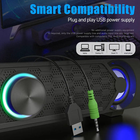 Compact Desktop PC Speakers With USB Powered Wired Connection For Monitor Setup, Mini Soundbar with LED Light Effects