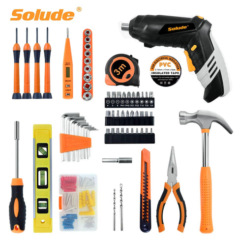 130 Piece Home Tool Kit With 3.6 Volt Cordless Screwdriver For New Home And Apartment DIY Projects, includes tools like hammer, spirit level, pliers.