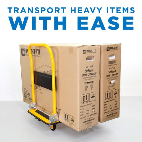 Heavy Duty Folding Hand Truck Dolly Featuring A Rock Solid 660 Pound Weight Capacity And Easy Glide 360 Swivel Casters Foldable Flatbed Cart transporting two large boxes.
