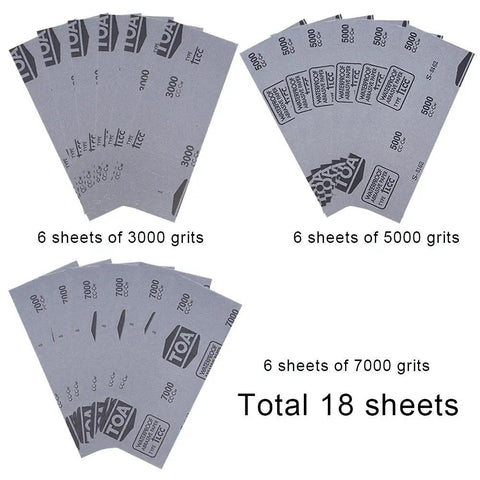 18 Piece Wet And Dry Sandpaper Set Pro Grade 3000 5000 7000 Grit For Auto Body And DIY Finishing, 6 sheets each grit