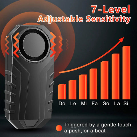 Bike Alarm With Remote 113dB Super Loud Siren Anti Theft That Scares Off Thieves Vibration Motion Sensor For Bicycle E Bike Scooter Motorcycle IP65 Waterproof Security System with 7-level adjustable sensitivity graph.