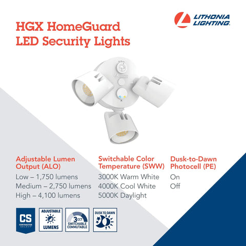 3-Light LED Outdoor Flood Light With Dusk To Dawn Sensor, Adjustable Lumens, Round Heads, White Finish, product features and brand logo.