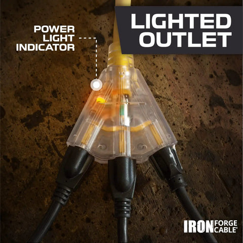 Beefy Heavy Duty 50Ft 10 Gauge Outdoor Lighted Extension Cord With 3 Outlets 15 Amp SJTW Yellow Weather Resistant Copper