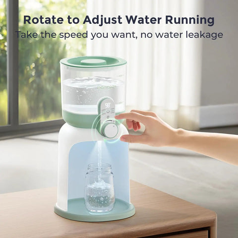 Portable Instant Water Warmer For Baby Formula With Adjustable Temperature Settings And Quick Heating Technology That Is A Legit Game Changer For On The Go Parents Who Want Seamless Bottle Prep Daily, showing water dispenser adjusting flow.