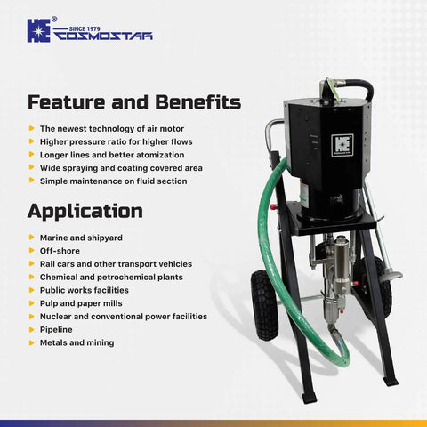 Heavy Duty Pneumatic Airless Paint Sprayer 73 To 1 Pressure Ratio 7250 Psi Industrial Spray Gun on cart with hose and tips.