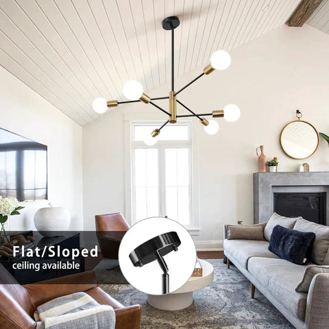 Living room with Sputnik Style 6 Light Modern Gold and Black Chandelier, rotatable arms, mid-century modern vibe