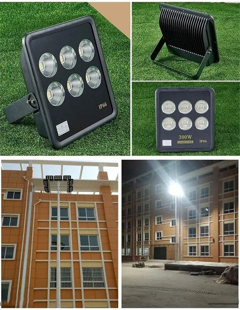 Super Tough 500W Led Flood Light IP66 Waterproof Outdoor Security And Work Light Built Like A Tank illuminating a commercial building at night.