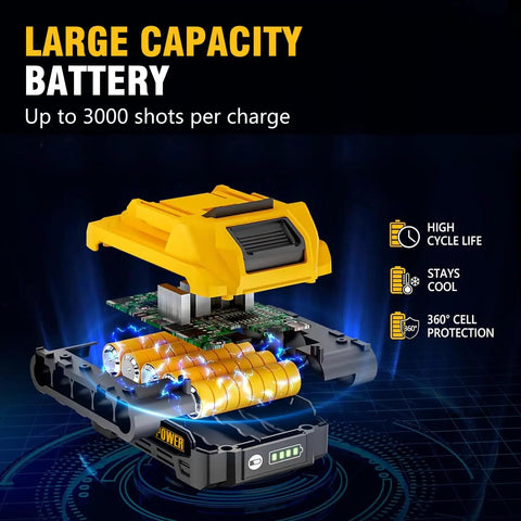 Built Tough 18 Gauge Cordless Brad Nailer And Crown Stapler Kit With 2Ah Battery And Charger, large capacity battery image showing high cycle life and 360 protection.