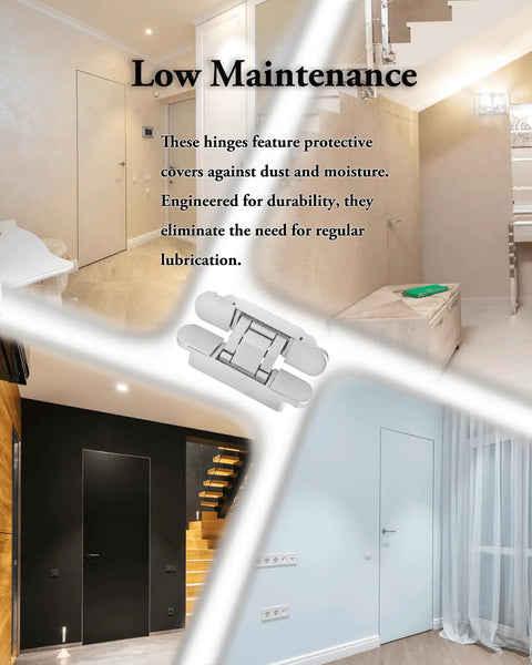 180 Degree Concealed Hidden Door Hinges Heavy Duty Zinc Alloy Invisible Pivot Hardware Corrosion Resistant with covers against dust.