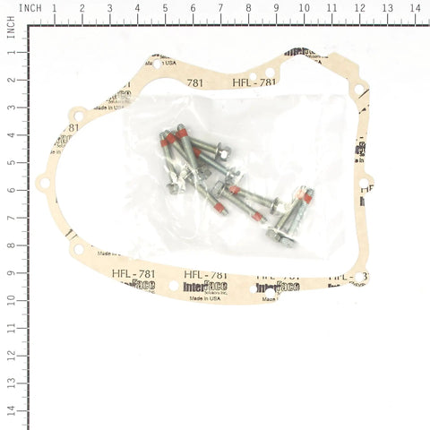 Crankcase Gasket Kit 594195 For Small Gasoline Engines OEM Replacement Part with gasket and bolts displayed on a measurements grid