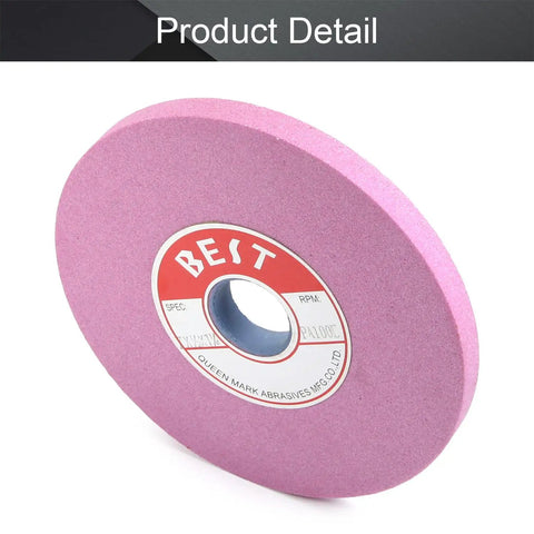 Heavy Duty Seven Inch Bench Grinding Wheel 100 Grit Chrome Corundum Pro Grade Metal Shaping Accessory in pink color.