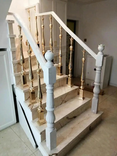 Heavy Duty Deck Banister Column 8 Pack With Adjustable Angle Brackets And Beefy Floor Mount Base Supercharge Your Staircase Railing Support On Condo Steps Or Hotel Makeovers No Sweat with luxurious gold and white design on stairs.