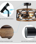 Semi Flush Mount Ceiling Light Fixture With 3 Lights, Open Drum Frame, Dope Modern Rustic Farmhouse Style, Black And Wood Grain Finish, Ideal For Bedroom Living Room Dining Room Hallways And Foyers, 13 Inch with metal canopy and E26 base.