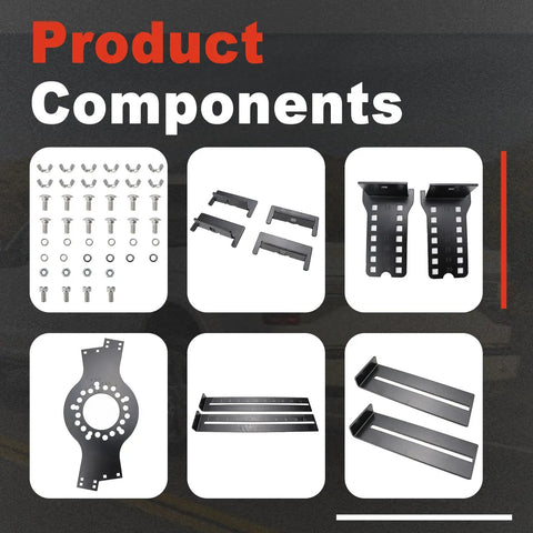Components of Heavy Duty 5 Lug Wheel Fitment Tool Offset Measuring Simulator, including bolts and brackets for 14 to 22 inch rims.