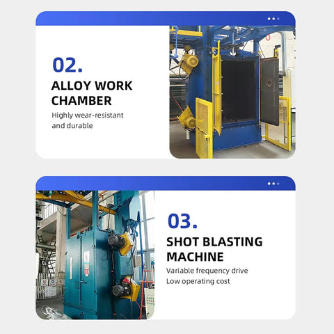 Hook Type Shot Blasting Machine For Agricultural Parts, Treating Plow Blades, Harvester Components, And Tractor Structural Parts in a work chamber