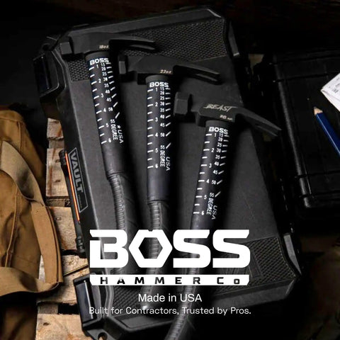 Three hammers made in USA with black handles and measurement markings, displayed on a toolbox with BOSS Hammer Co logo.