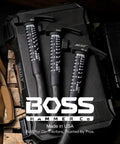 Three Ti64 Titanium Power Hammers 12 Oz Construction Grade, displayed on a toolbox with branding, Made in USA, shock-absorbing handles.