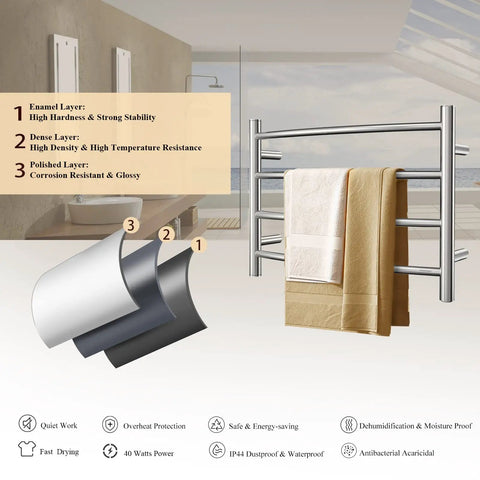 Polished Chrome Towel Warmer For Bathroom Wall Mounted Electric Heated Towel Rack With Stainless Steel Curved 4 Bars ETW29