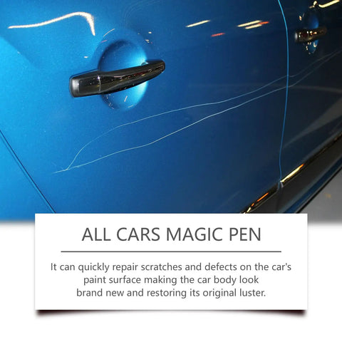 Quick Hit Auto Scratch Remover Pen 3 Pack Magic Paint Touch Up Tool repairing scratches on blue car door.