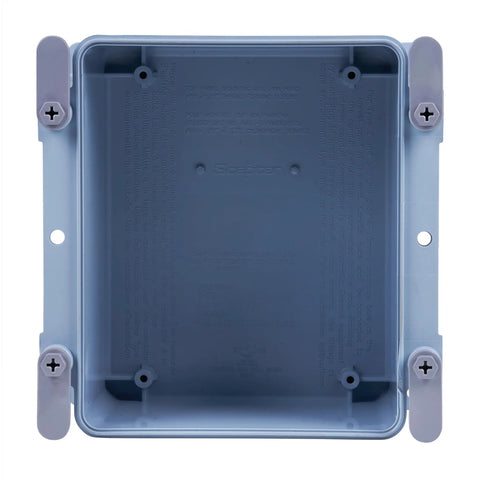 Heavy Duty Pvc Junction Box Six By Six By Four Inches With 172 Cubic Inch Capacity Matte Gray Housing showing inside view with mounting options.