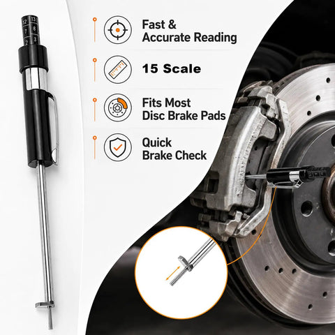 Heavy Duty Brake Pad Thickness Gauge With Slim Probe For Quick No Wheel Removal Checks Precise Millimeter Scale For Internal And External Pads, metal, detailed view