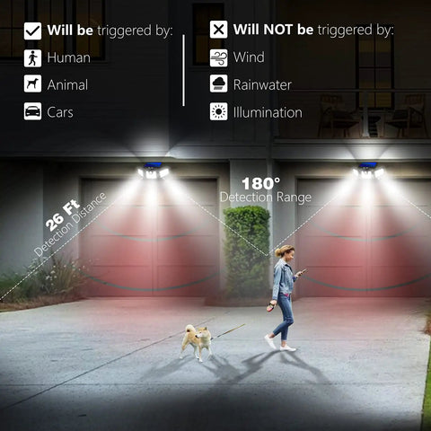 Solar Motion Sensor Flood Lights Outdoors Three Head Design With Wide Coverage And Motion Activated Technology illuminated garage