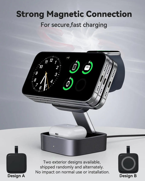 All-In-One MagSafe Wireless Charging Station for iPhone, Apple Watch, and AirPods Pro - Foldable Travel Stand with iPhone docked