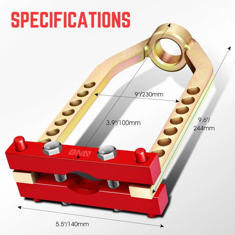 Front view of DNA Motoring universal CV joint puller tool with red base, gold frame, 9-hole adjustable arms.